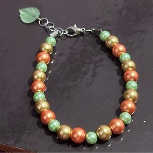 Handmade Multicolor Pearl Like Beaded Bracelet with Glass Leaf Charm